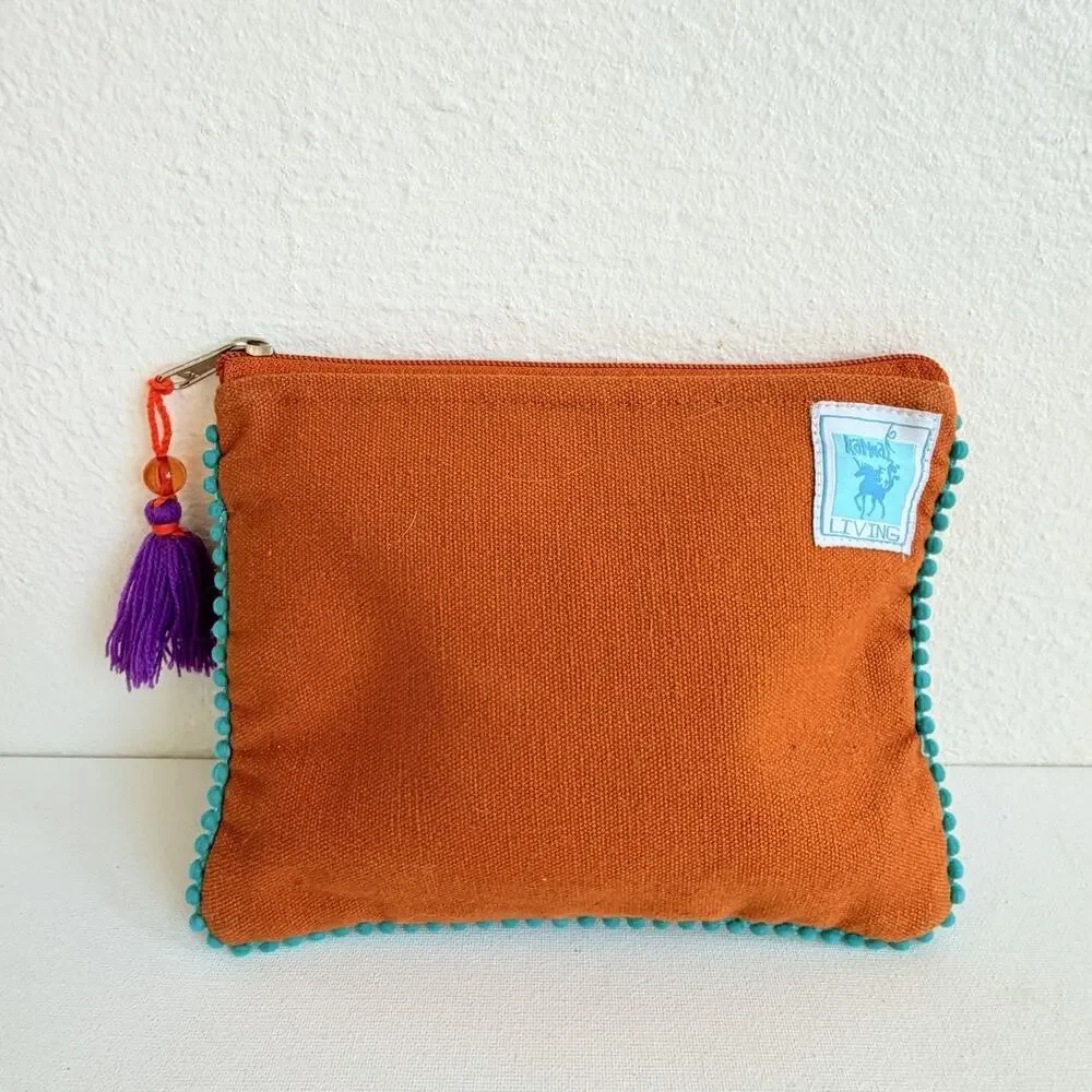 Karma Living Boho Fox Embroidered Zipper Pouch Tassel Pom Pom Makeup Clutch